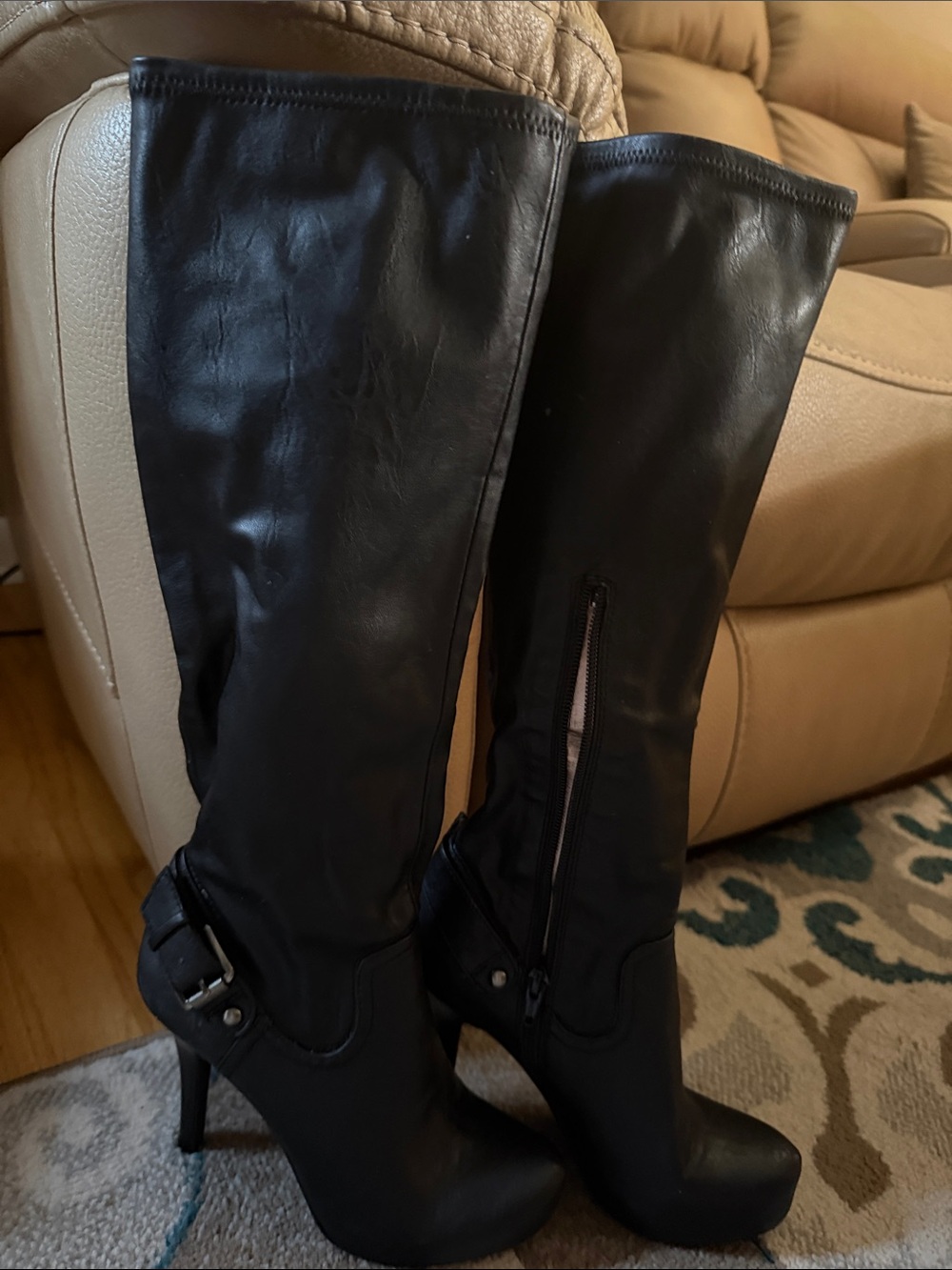 BCBGeneration Black Over-the-Knee Stiletto Boots with Buckle Accent